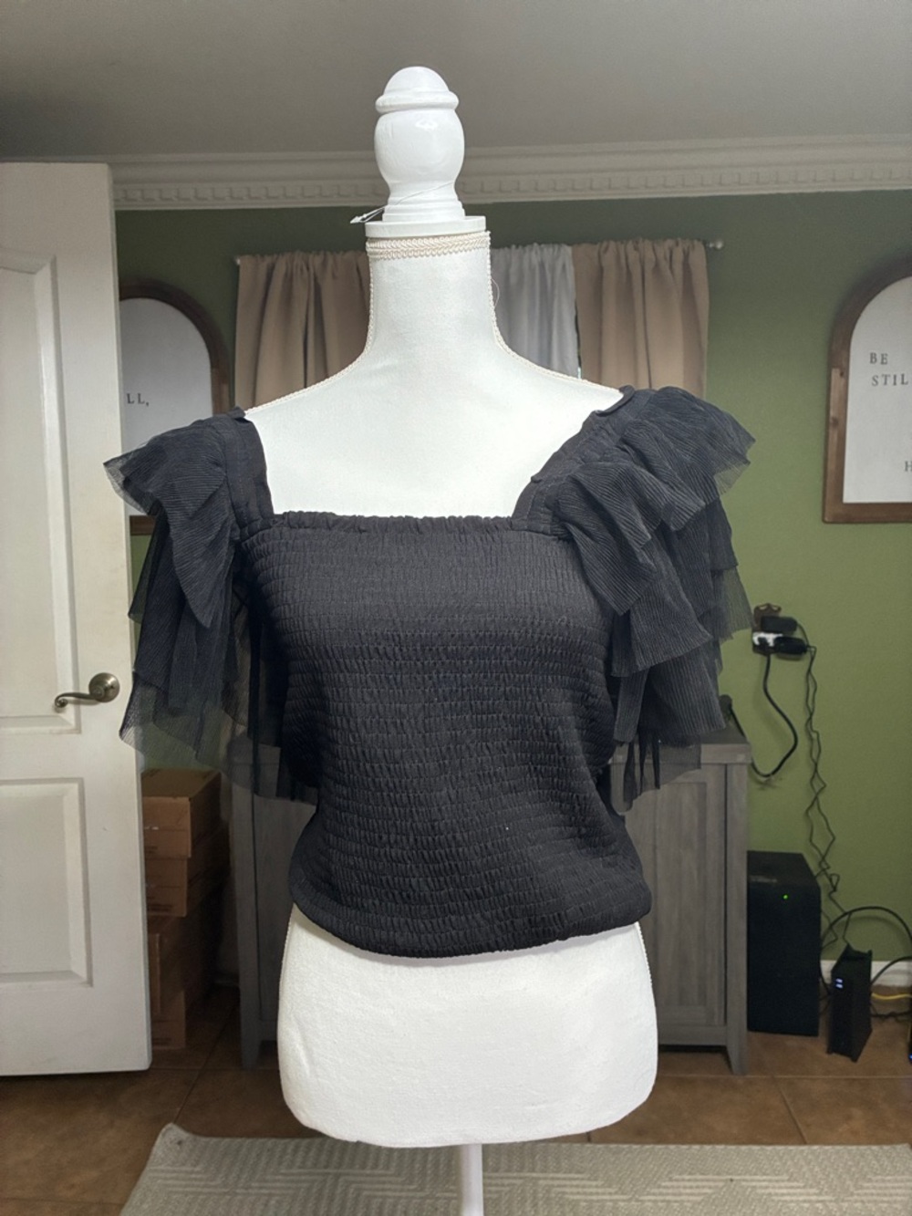 Black Smocked Top with Layered Ruffle Sleeves